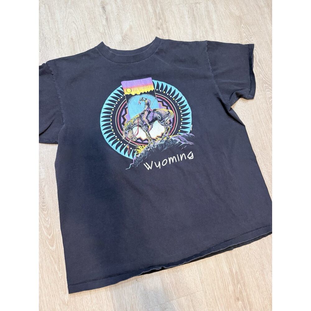 VTG 1990 Wyoming Horse Native USA Shirt Single Stitch Sz XL Black 100% Cotton